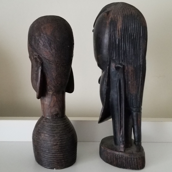 Hand Carved Ebony Ironwood African Folk Art Man & Woman Head  African Tribal Man Woman Heads Iron Wood Carvings